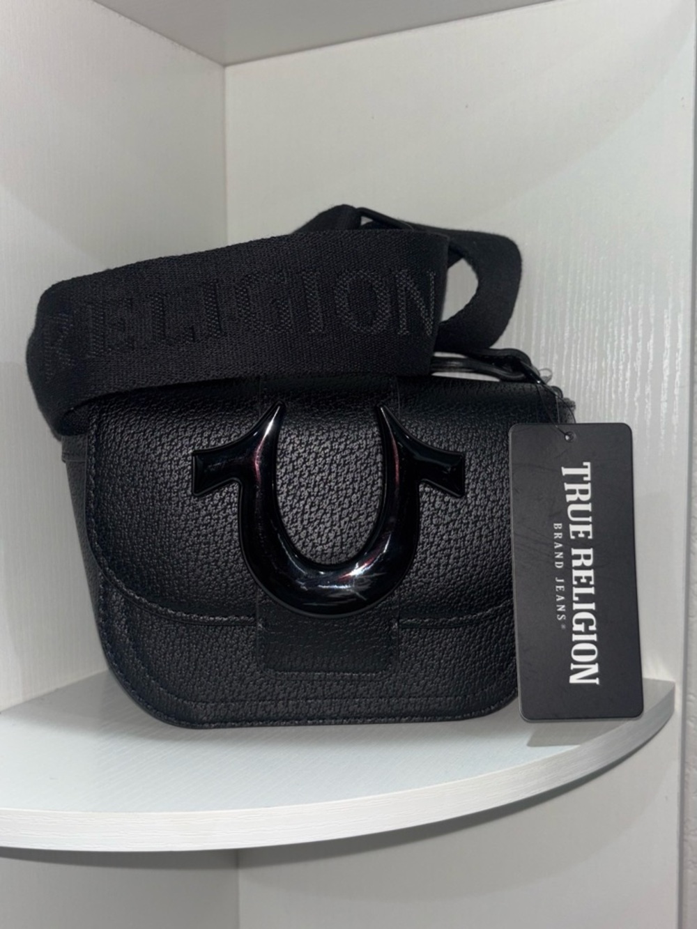 True Religion Black Textured Mini Crossbody with Signature Hardware
